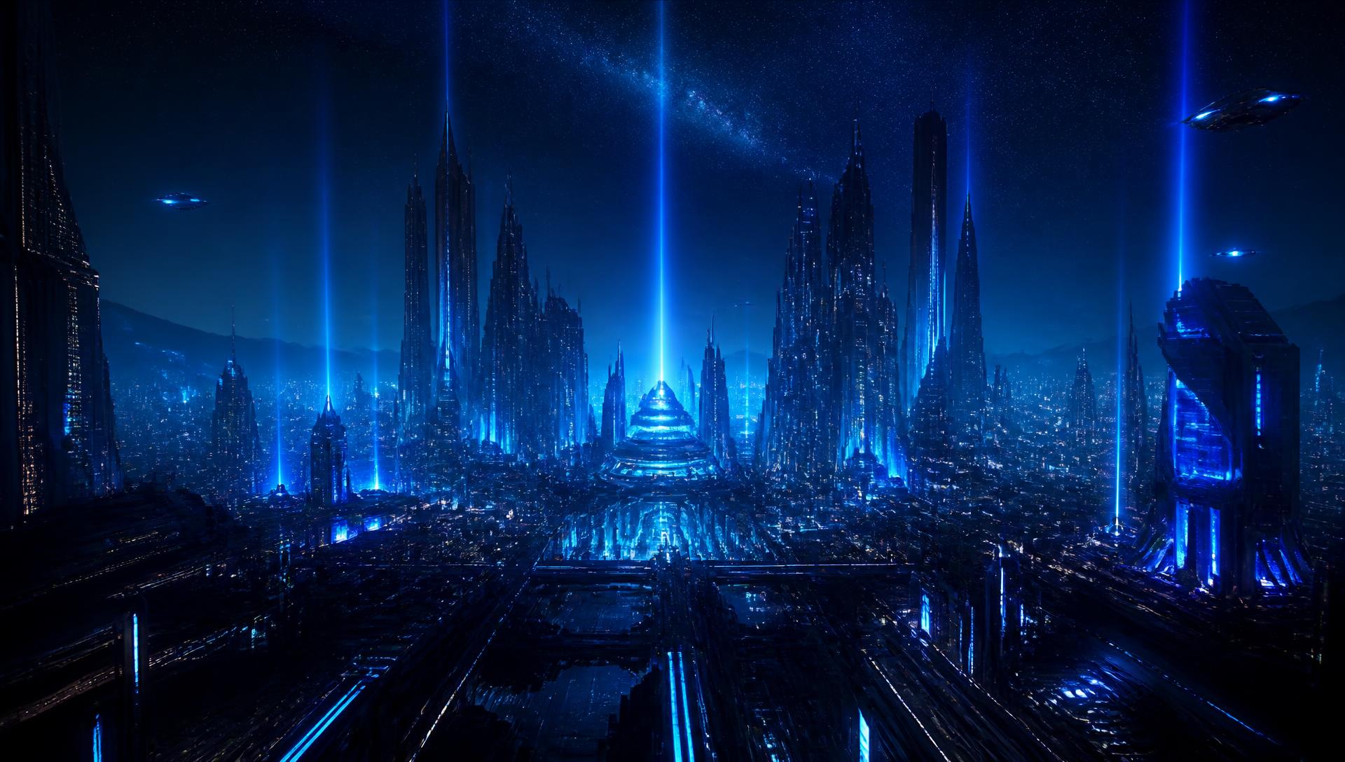 Futuristic neon city skyline at night